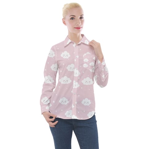 Kawaii Cloud Pattern Women s Long Sleeve Pocket Shirt by Valentinaart