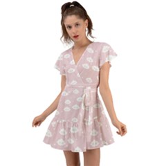 Kawaii Cloud Pattern Flutter Sleeve Wrap Dress