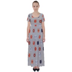 Cat Faces Pattern High Waist Short Sleeve Maxi Dress by Vaneshart