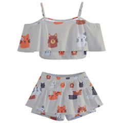 Cat Faces Pattern Kids  Off Shoulder Skirt Bikini by Vaneshart