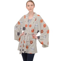 Cat Faces Pattern Long Sleeve Velvet Kimono  by Vaneshart