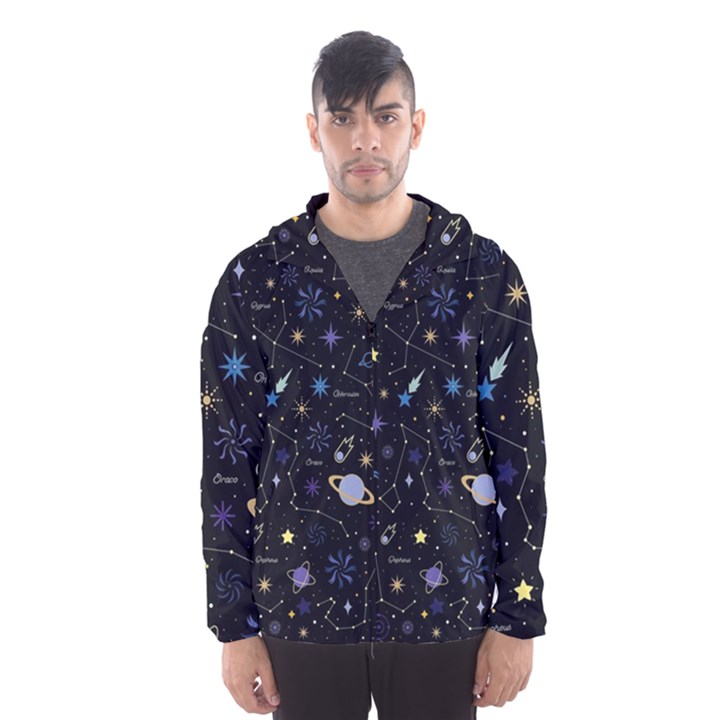 Starry Night  Space Constellations  Stars  Galaxy  Universe Graphic  Illustration Men s Hooded Windbreaker