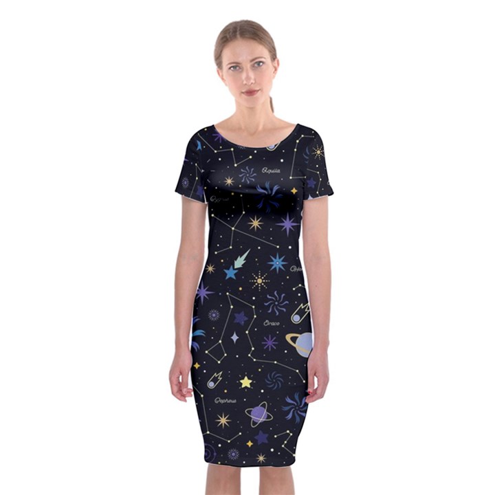 Starry Night  Space Constellations  Stars  Galaxy  Universe Graphic  Illustration Classic Short Sleeve Midi Dress