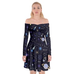 Starry Night  Space Constellations  Stars  Galaxy  Universe Graphic  Illustration Off Shoulder Skater Dress by Vaneshart