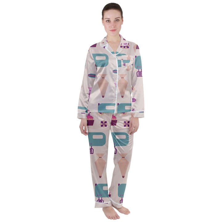 Seamless Bakery Vector Pattern Satin Long Sleeve Pyjamas Set