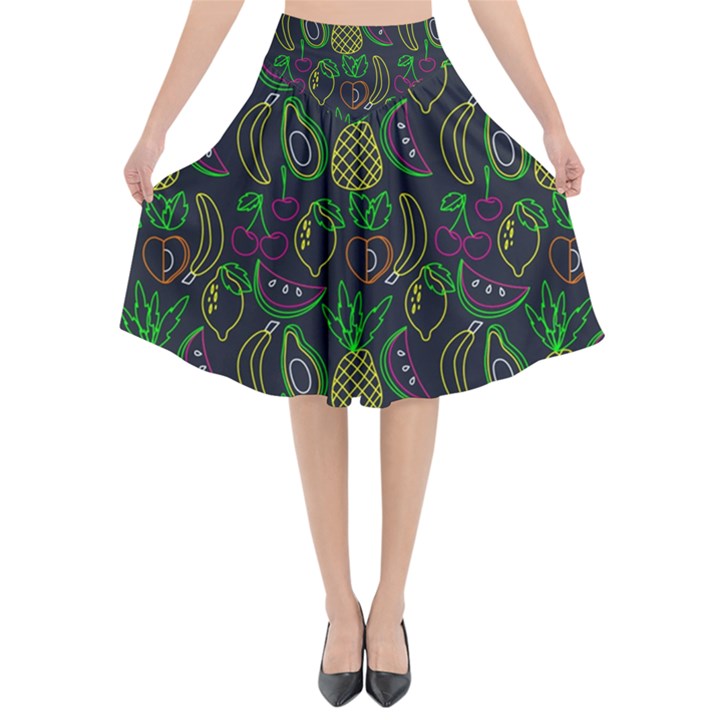 Neon Fruit Seamless Pattern Flared Midi Skirt