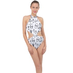 Black And White Summer Vector Pattern Halter Side Cut Swimsuit by Vaneshart