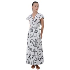 Black And White Summer Vector Pattern Flutter Sleeve Maxi Dress by Vaneshart