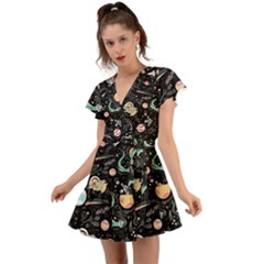 Animals Galaxy Space Flutter Sleeve Wrap Dress