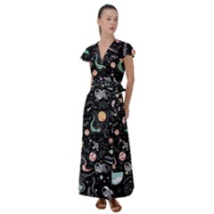 Animals Galaxy Space Flutter Sleeve Maxi Dress