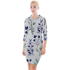 Dark Tone Plant Pattern Quarter Sleeve Hood Bodycon Dress by Vaneshart