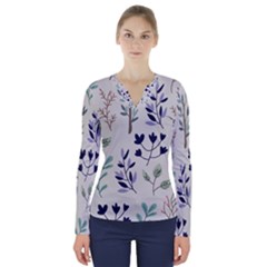 Dark Tone Plant Pattern V-neck Long Sleeve Top by Vaneshart