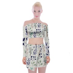 Dark Tone Plant Pattern Off Shoulder Top With Mini Skirt Set by Vaneshart