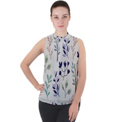 Dark Tone Plant Pattern Mock Neck Chiffon Sleeveless Top by Vaneshart