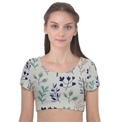 Dark Tone Plant Pattern Velvet Short Sleeve Crop Top  by Vaneshart