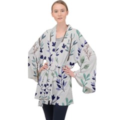 Dark Tone Plant Pattern Long Sleeve Velvet Kimono  by Vaneshart