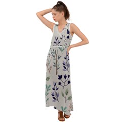 Dark Tone Plant Pattern V-neck Chiffon Maxi Dress