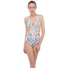 Colorful Triangle Vector Pattern Halter Front Plunge Swimsuit by Vaneshart