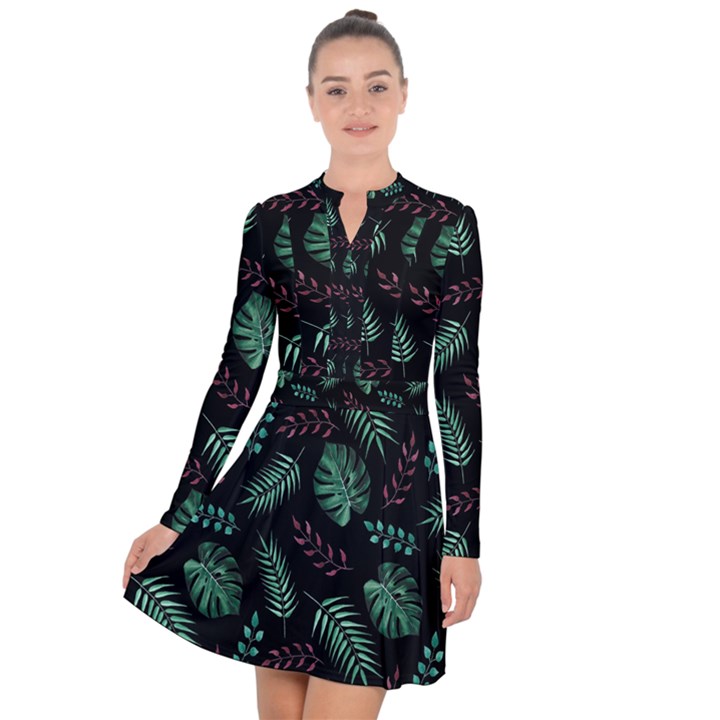 Tropical Leaves Pattern Long Sleeve Panel Dress