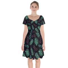 Tropical Leaves Pattern Short Sleeve Bardot Dress by Vaneshart