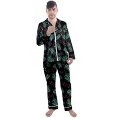 Tropical Leaves Pattern Men s Satin Pajamas Long Pants Set by Vaneshart