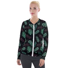 Tropical Leaves Pattern Velour Zip Up Jacket by Vaneshart