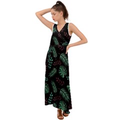 Tropical Leaves Pattern V-neck Chiffon Maxi Dress