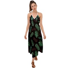 Tropical Leaves Pattern Halter Tie Back Dress 