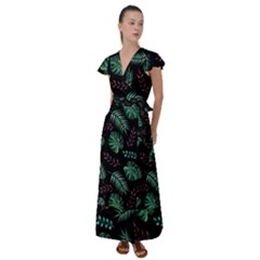 Tropical Leaves Pattern Flutter Sleeve Maxi Dress