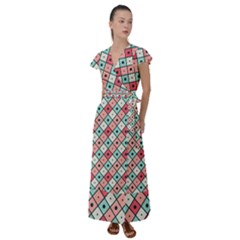 Romboidal Vector Pattern Flutter Sleeve Maxi Dress