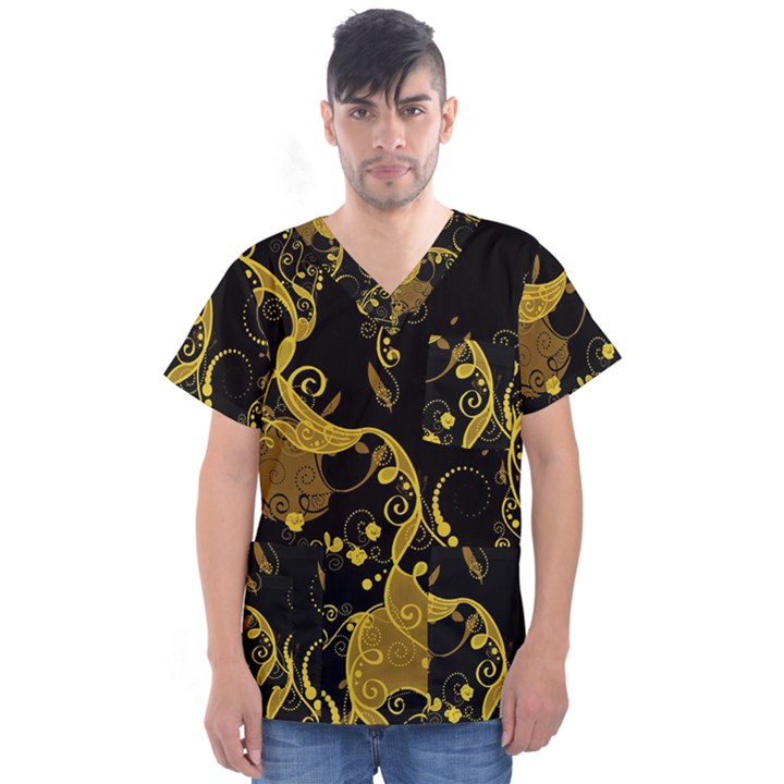 Floral Pattern Background Men s V-Neck Scrub Top