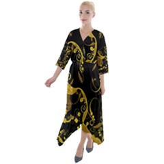 Floral Pattern Background Quarter Sleeve Wrap Front Maxi Dress