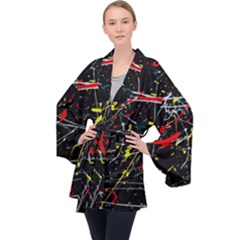 Random Paint Splats Background Long Sleeve Velvet Kimono  by Vaneshart