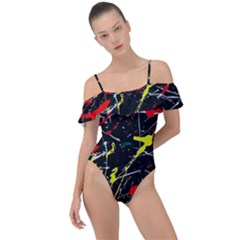 Random Paint Splats Background Frill Detail One Piece Swimsuit