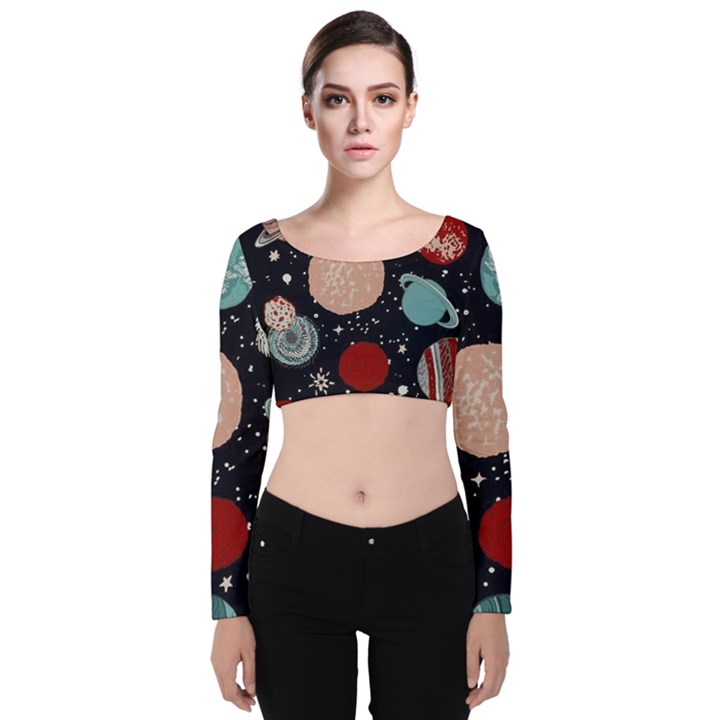 Space Galaxy Pattern Velvet Long Sleeve Crop Top