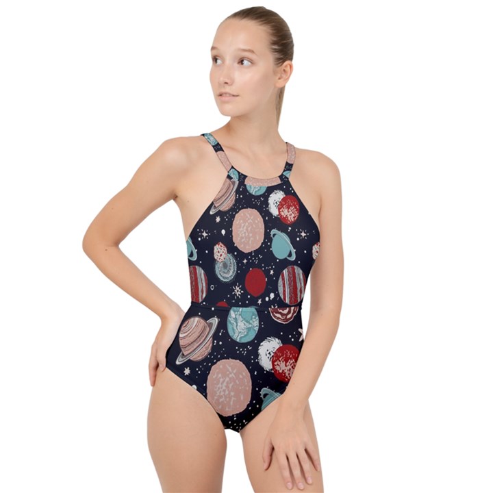 Space Galaxy Pattern High Neck One Piece Swimsuit