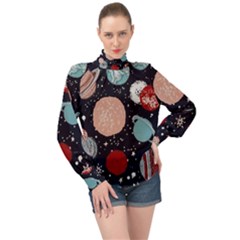 Space Galaxy Pattern High Neck Long Sleeve Chiffon Top