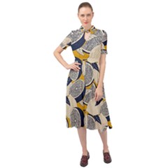 Blue And Ochre Keyhole Neckline Chiffon Dress