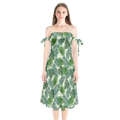 Leaves Tropical Wallpaper Foliage Shoulder Tie Bardot Midi Dress by Vaneshart