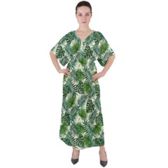 Leaves Tropical Wallpaper Foliage V-neck Boho Style Maxi Dress