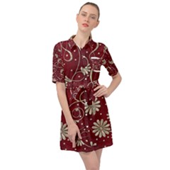 Floral Pattern Background Belted Shirt Dress