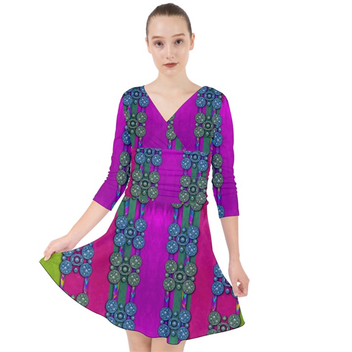 Flowers In A Rainbow Liana Forest Festive Quarter Sleeve Front Wrap Dress