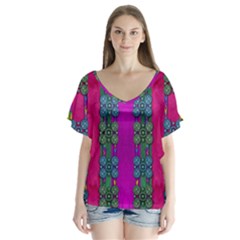 Flowers In A Rainbow Liana Forest Festive V-neck Flutter Sleeve Top by pepitasart