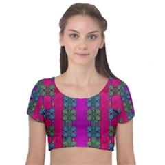 Flowers In A Rainbow Liana Forest Festive Velvet Short Sleeve Crop Top  by pepitasart