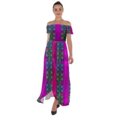 Flowers In A Rainbow Liana Forest Festive Off Shoulder Open Front Chiffon Dress by pepitasart