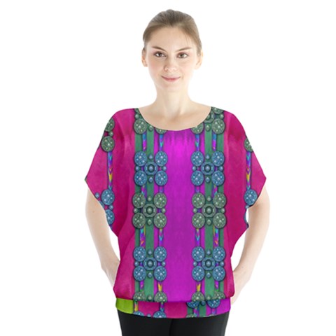 Flowers In A Rainbow Liana Forest Festive Batwing Chiffon Blouse by pepitasart