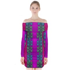 Flowers In A Rainbow Liana Forest Festive Long Sleeve Off Shoulder Dress by pepitasart