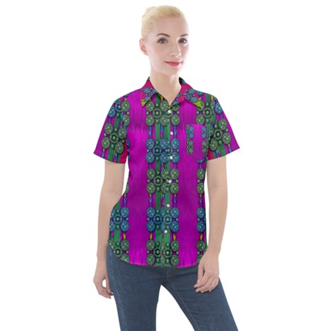 Flowers In A Rainbow Liana Forest Festive Women s Short Sleeve Pocket Shirt by pepitasart