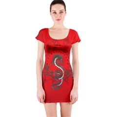 Chinese Dragon On Vintage Background Short Sleeve Bodycon Dress by FantasyWorld7