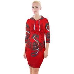 Chinese Dragon On Vintage Background Quarter Sleeve Hood Bodycon Dress by FantasyWorld7